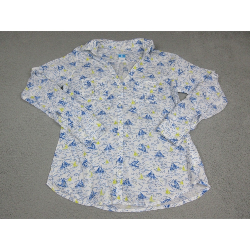 Columbia PFG Shirt Womens Small White Long Sleeve Sailboat Print Fishing Top